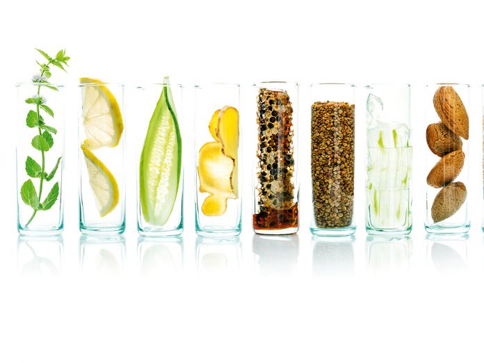 Homemade skin care with natural ingredients aloe vera, lemon, cucumber, himalayan salt, peppermint, rosemary, almonds, cucumber, ginger and honey pollen isolated on white background.