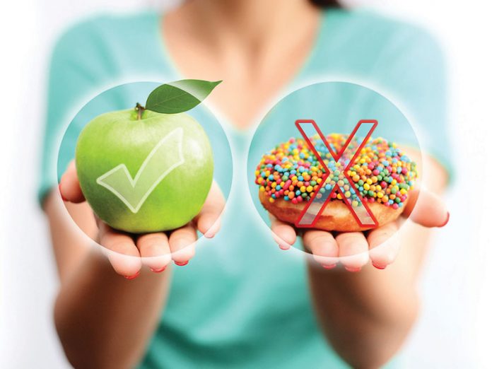 Choose or decide to have a healthy lifestyle concept, eating fresh food instead unhealthy nutrition