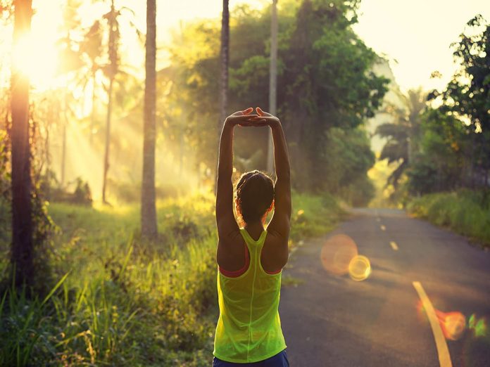 young fitness woman runner warming up on sunrise forest trail