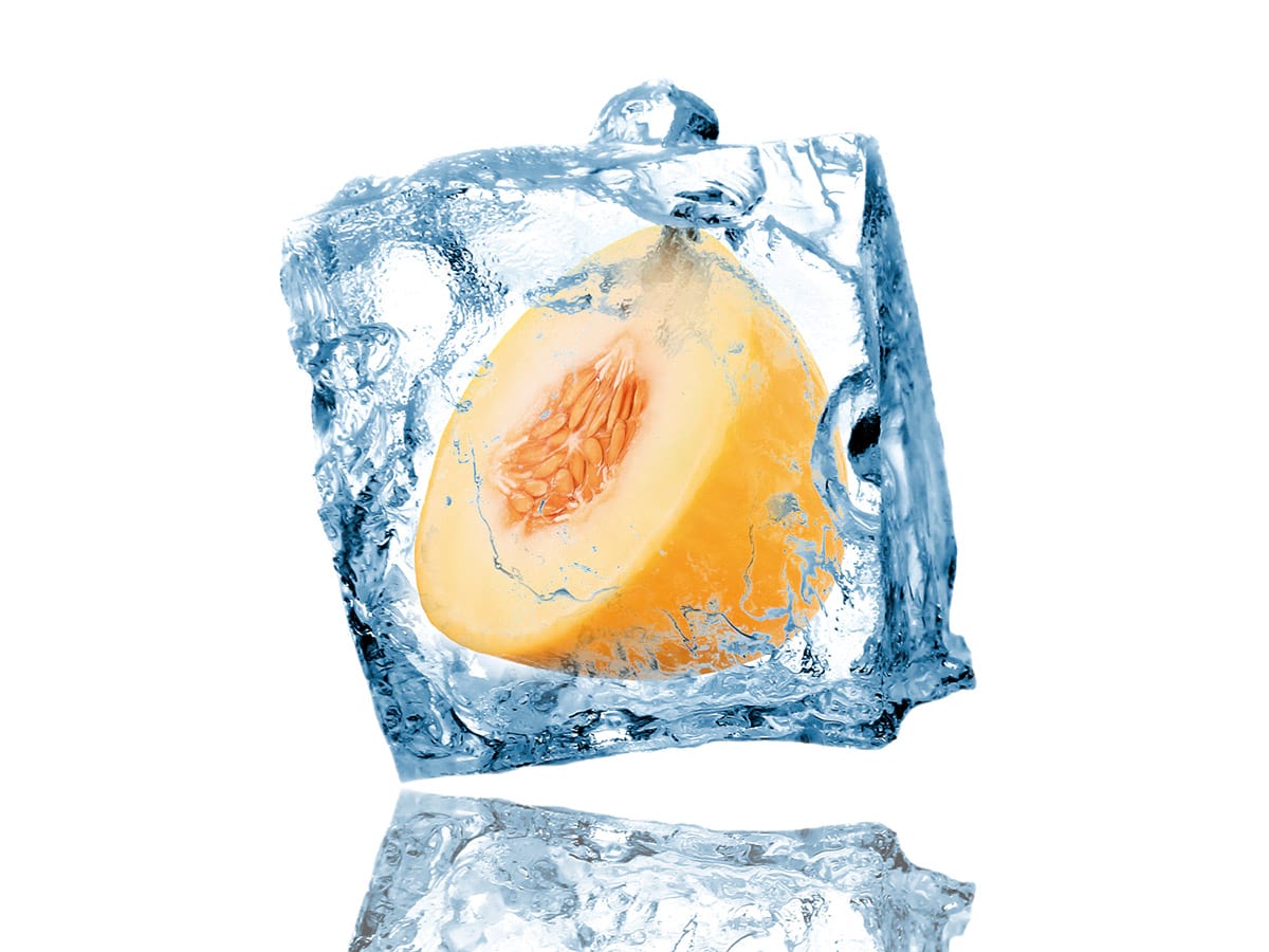 Yellow melon frozen in ice cube