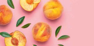 Summer fruit background. Flat lay composition with peaches. Ripe